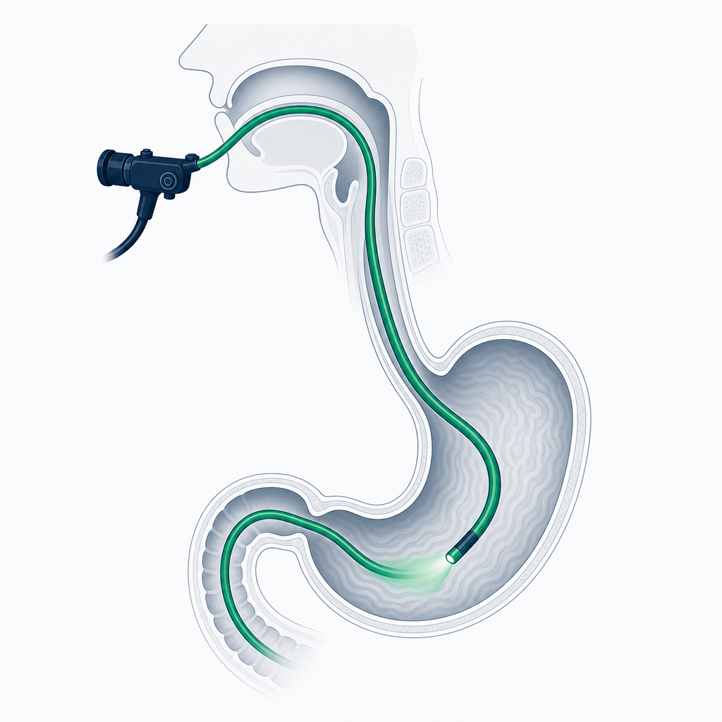 Anatomical diagram of an upper GI endoscopy (gastroscopy): flexible scope traced through the throat, oesophagus, stomach, and duodenum